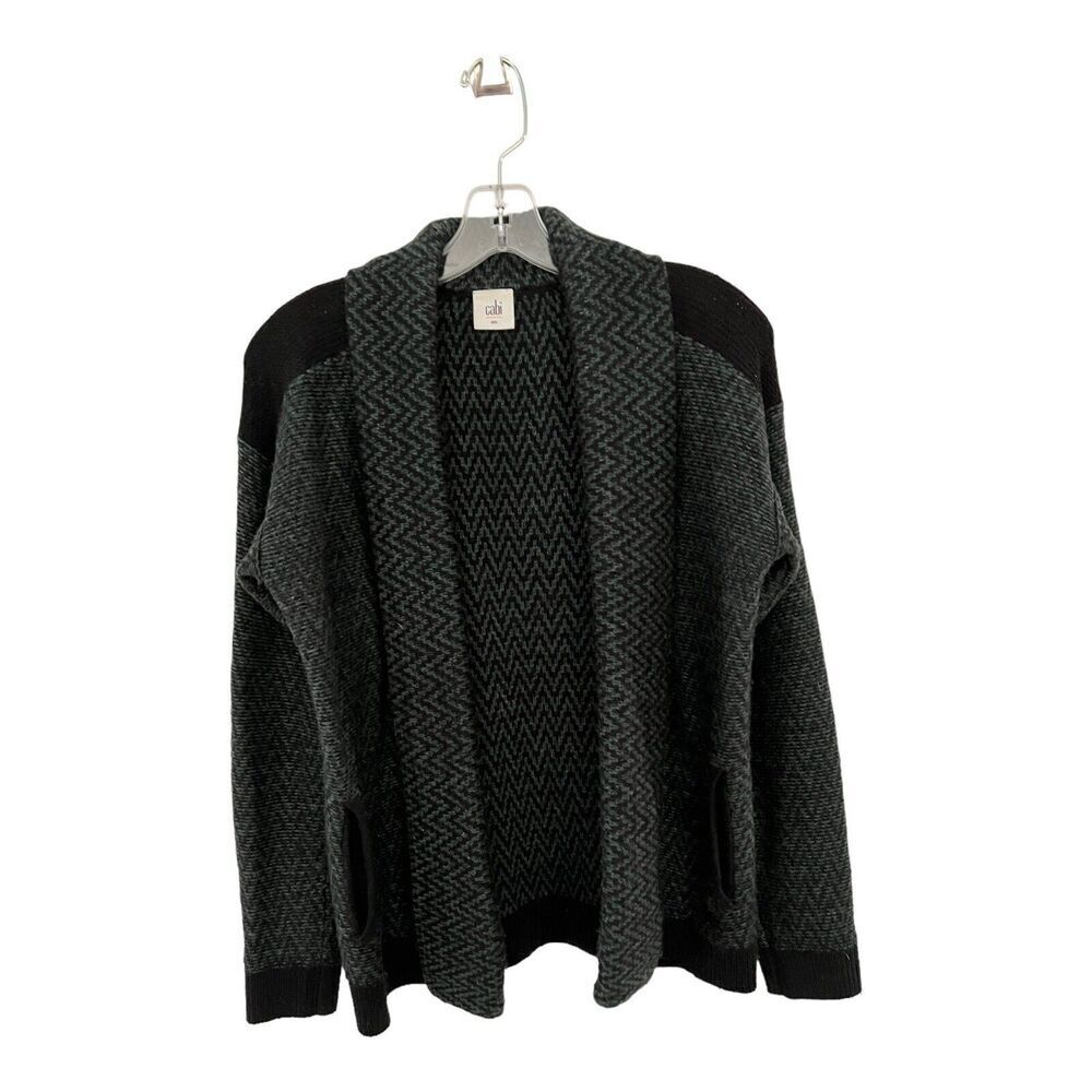 CAbi Sweater Womens Small Green Black Chevron Open‎ Front Cardigan 3015 Fireside